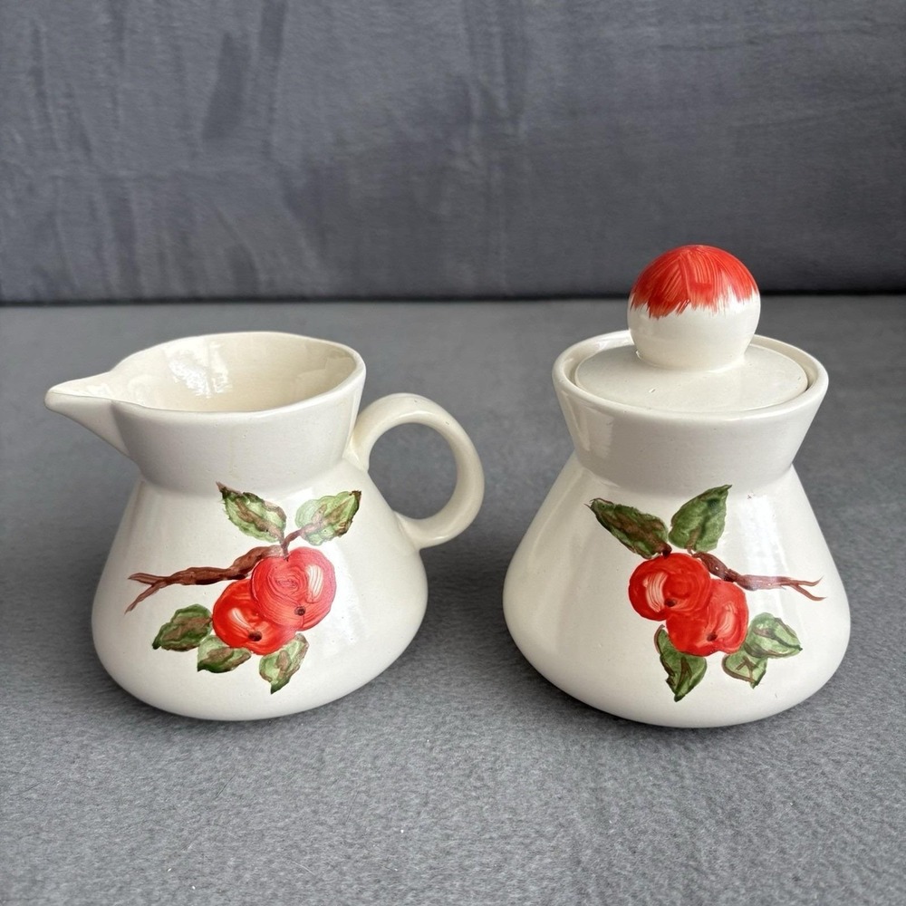 Apple Red Cream And Sugar Set Hand painted Vintage Dinnerware MCM Handmade